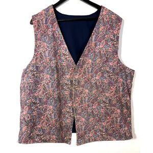 Vintage Pink Rose Vest Floral Print Navy Blue Open Plus Size Handmade Cottage